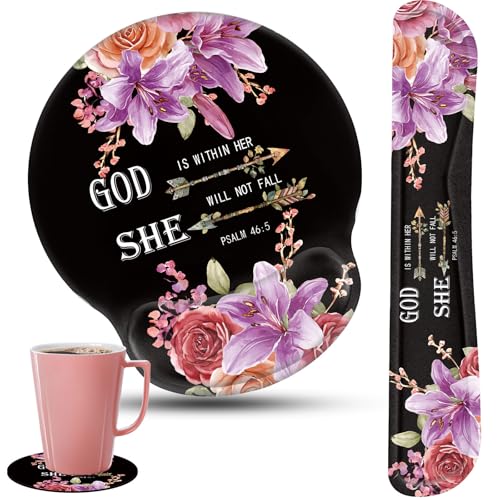 Keyboard Wrist Rest and Mouse Pad Wrist Support Set with Coasters,Ergonomic Gaming Mousepad for Home Office Working Studying Easy Typing & Pain Relief,Flower Bible Verse Psalm 46-5 - color: Flower Bible Verse Psalm 46-5, size: 3 PCS