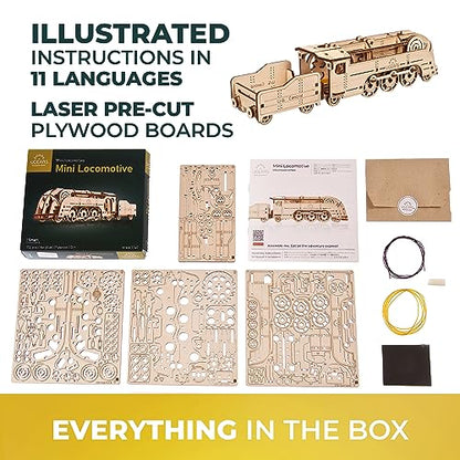 UGEARS Mini Locomotive 3D Wooden Puzzles for Adults - Wood Models for Adults to Build - Easy DIY Crafts for Adult Wooden Train Model Kit - Rubber Band-Powered Mechanical Puzzles - color: Mini Locomotive