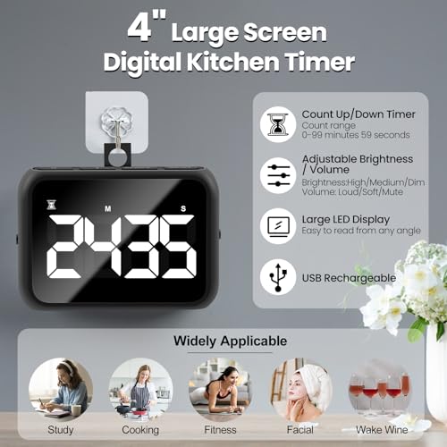 USB Rechargeable Loud Digital Kitchen Timer with Large LCD Display & Adjustable Loud Alarm - Digital & Egg Timer, Kitchen Timers for Cooking, Timer for Kids- Ideal Magnetic - Desk Timer