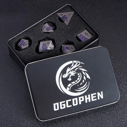 Metal DND Cat Dice 7PCS Polyhedral RPG Dice Set with Gift Case for Dungeons Dragons Role Playing Game, D and D Dice D6 D8 D10 D12 D20 D% (Grey Purple) - color: Cat-grey Purple