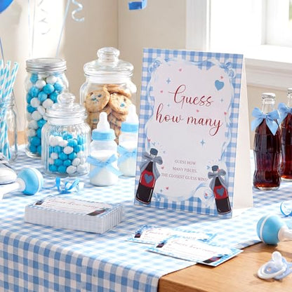 Blue Soda Guess How Many Baby Shower Game Pack of 1 Tabletop Sign with Stand and 50 How Many Cards, Red and Blue Soda Gender Reveal Party Game Decorations - style: Blue Soda