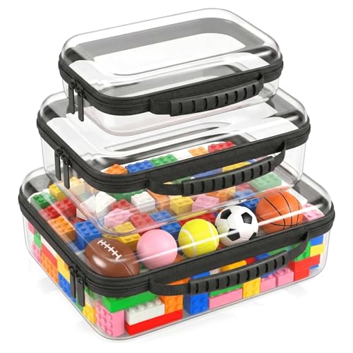 Clear Hard Shell Organizer Cases, 3 Pack with Handle | Durable PET shell with water-resistant, scratch-resistant surface for travel, toiletries, electronics and toys - color: Black1