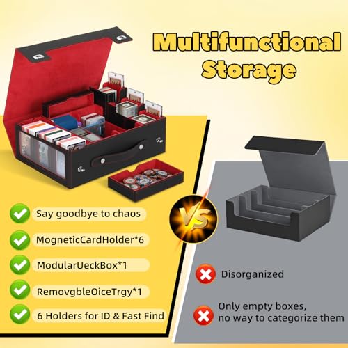 MTG Commander Deck Box with Handle, 6Removable Boxes,2-Row Case & Dice Tray | 9-in-1 Large Card Storage Box, Holds 1400+ Double-Sleeved Cards, Display Window,Mag Holders, Latch Closure,Fit TCG/EDH,Red - color: Red