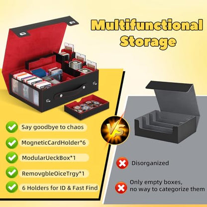 MTG Commander Deck Box with Handle, 6Removable Boxes,2-Row Case & Dice Tray | 9-in-1 Large Card Storage Box, Holds 1400+ Double-Sleeved Cards, Display Window,Mag Holders, Latch Closure,Fit TCG/EDH,Red - color: Red