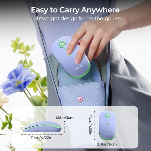seenda MOU001 Bluetooth Wireless Mouse for Laptop,Slim Mice,Green&Purple | Rechargeable Computer mouse with USB and dual Bluetooth, 3-level DPI and quiet clicks for Windows, Macbook, iPad and Travel. - color: green&purple