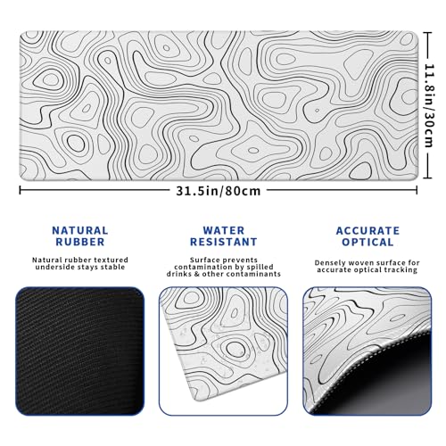 Topographic Contour Gaming Mouse Pad White Large Mouse Pad for Keyboard and Mousepad Desk Mat with 3mm Non-Slip Base and Stitched Edge for Gaming and Office Computer Mat Protector Mat 31.5x11.8 Inch - color: White Topographic Contour