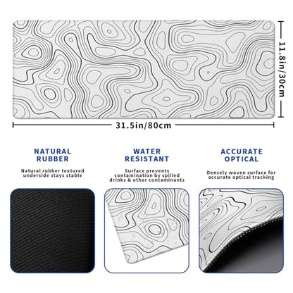 Topographic Contour Gaming Mouse Pad White Large Mouse Pad for Keyboard and Mousepad Desk Mat with 3mm Non-Slip Base and Stitched Edge for Gaming and Office Computer Mat Protector Mat 31.5x11.8 Inch - color: White Topographic Contour