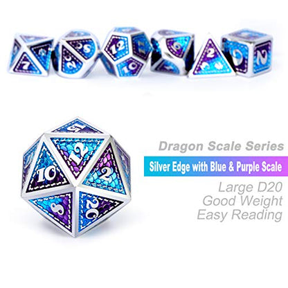 Dragon Scale Metal Dice Set D&D, DNDND 7 PCS Metallic Dungeons and Dragons with Gift Metal Case DND Dice (Blue and Purple with Silver Edge) - color: Blue and Purple With Silver Edge