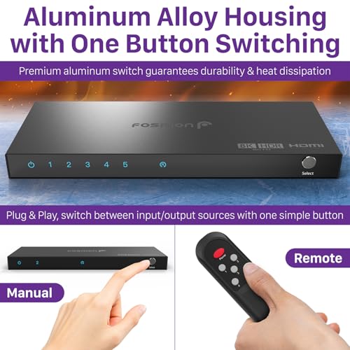 Fosmon 5-Port HDMI 8K Switch with Remote, Support 8K@60Hz 4K@120Hz HDR10+ HDCP 2.3 High Speed 48Gbps 5 in 1 Out Auto-Switching 5x1 HDMI 2.1 Switcher Splitter Hub Compatible with PS5, Xbox X, Apple TV - style: 8K HDMI Switch 5 In 1 Out