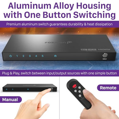 Fosmon 5-Port HDMI 8K Switch with Remote, Support 8K@60Hz 4K@120Hz HDR10+ HDCP 2.3 High Speed 48Gbps 5 in 1 Out Auto-Switching 5x1 HDMI 2.1 Switcher Splitter Hub Compatible with PS5, Xbox X, Apple TV - style: 8K HDMI Switch 5 In 1 Out