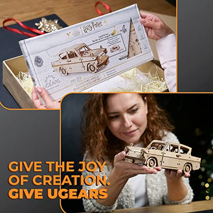 UGEARS Wooden 3D Puzzles for Adults - Flying Ford Anglia Harry Potter Puzzle 3D – Harry Potter Flying Car Building Kits for Adults DIY Model Kit with Spring Drive - style: Flying Ford Anglia