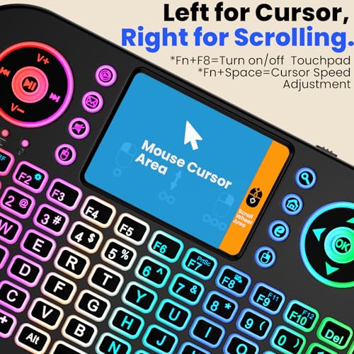 Mini Keyboard with Touchpad-2.4GHz & Bluetooth Dual-Mode,7-Color Backlight, Multimedia Hotkeys, Rechargeable, for Android TV Box, Smart TV, Projector, PS3, PC, Tablet, Windows/iOS/Android