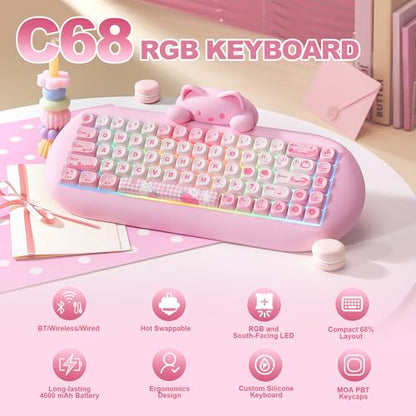 YUNZII C68 Silicone Cute Cat Mechanical Keyboard (Pink, Milk Switch) | Wireless Triple Mode BT5.0/2.4G/Wired, RGB Backlit NKRO, Cute Cat Silicone Ergonomic Design for Win/Mac - color: Pink, size: Milk Switch