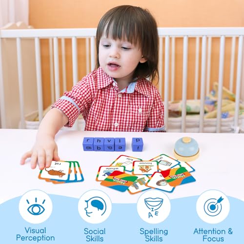 Edulok Word Race Cube - Preschool Wooden Alphabet Letter Blocks & Phonics Matching Games - CVC Word Learning Toys