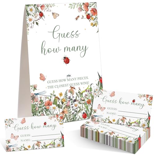 Ladybug Garden Guess How Many Baby Shower Game Pack of 1 Tabletop Sign with Stand and 50 How Many Cards, Wildflower Insect Themed Party Game Decorations - style: Ladybug Garden