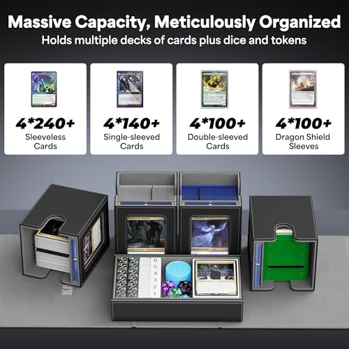 Kabinka Commander Deck Box for MTG with Handle, Multi Deck Case | with Large Dice Tray Fits 400+ Double-Sleeved Cards, 5 IN 1 TCG Card Storage Box, 35PT Card Holders (Black) - color: Black