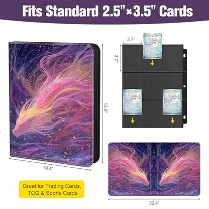 Trading Card Binder 900 Capacity, 50 Double-Sided 9-Pocket Top-Loading, 3-Ring TCG Album for 2.5 x 3.5 Cards, Acid Free PVC Free, Water-Resistant PU with Wrist Strap - Nebula Dragon Design - color: Nebula Dragon