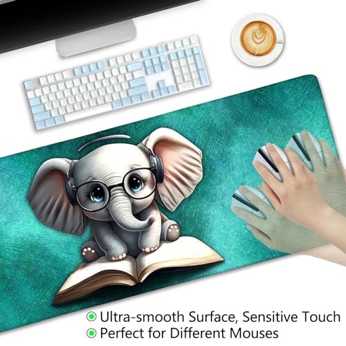 LIMKRIAN Elephant Large Mouse Pad Desk Matt for Desktop, 31.5x11.8 in, XL | Stitched Edges, Waterproof Surface, Non-Slip Rubber Base, Cute Desk Accessories For Office Home, Cute Keyboard and Mouse Pad - color: Cute Elephant 02
