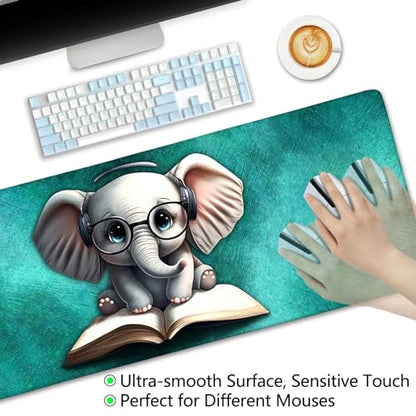 LIMKRIAN Elephant Large Mouse Pad Desk Matt for Desktop, 31.5x11.8 in, XL | Stitched Edges, Waterproof Surface, Non-Slip Rubber Base, Cute Desk Accessories For Office Home, Cute Keyboard and Mouse Pad - color: Cute Elephant 02