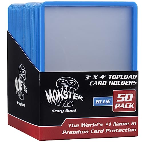 Monster Protectors Top Loaders Compatible with Pokémon & MTG Cards 50 Count Hard Plastic 3x4 Card Sleeves with Blue Border for Sorting, Fits Magic The Gathering, Sports Cards & Standard TCG Cards - color: Blue
