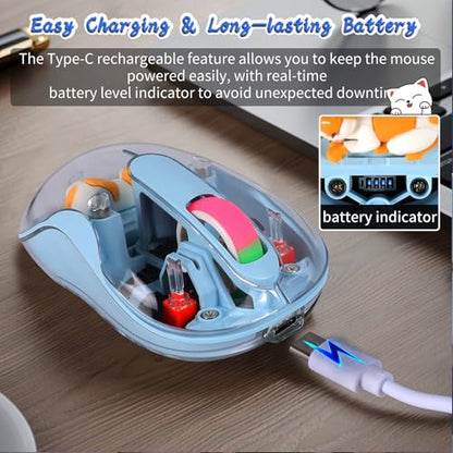 elec Space Cute Wireless USB C Mouse - Bluetooth Triple Mode Rechargeable Cartoon Mouse for Laptops, iPads & MacBook Air/Pro - Silent Operation, Portable Design, Unique Magnetic Character (Blue) - color: blue