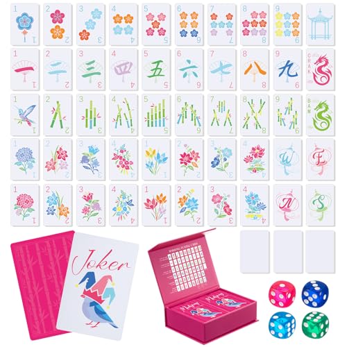 Soulchen 168 Pcs Premium American Mahjong Playing Cards, Large Print Waterproof PVC Card Set with 4 Dice & Storage Case, Elegant Rose Design, Easy-to-Read Mahjong for Adults, Seniors, Travel, Gift - color: Rose Red, style: Floral