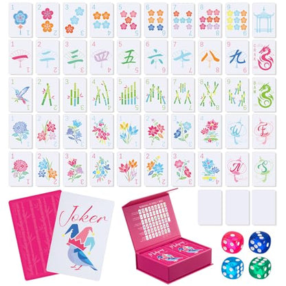 Soulchen 168-Piece PVC American Mahjong Card Print Set,Blossom,Hot Pink | Lightweight Waterproof Format with 4 Dice and Storage Case, for Clubs, Pool, Cruises, Trips, Family Game Nights - color: Hot Pink, style: Blossom
