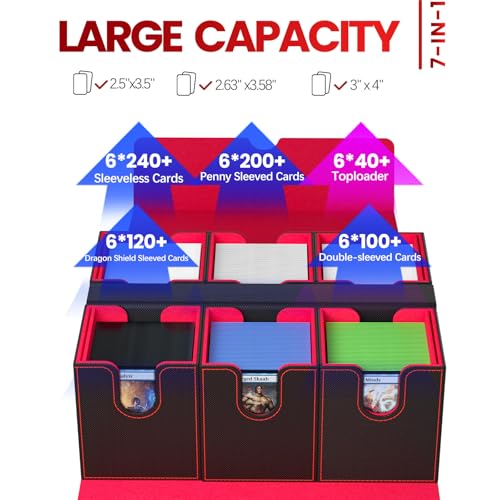 Gomyrod Card Deck Box with 4 Commander Display & Dice Tray (Black & Red) | 7 In 1 MTG Commander Deck Box, Fits 240+ Toploader Cards, Removable Deck Case, Compatible for Magic/TCG/Sports/Baseball Cards - color: Black & Red