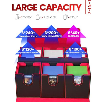 Gomyrod Card Deck Box with 4 Commander Display & Dice Tray (Black & Red) | 7 In 1 MTG Commander Deck Box, Fits 240+ Toploader Cards, Removable Deck Case, Compatible for Magic/TCG/Sports/Baseball Cards - color: Black & Red