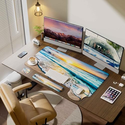 Desk Mat Set Keyboard and Mouse Pad with Wrist Rest Support | Ergonomic,Pain Relief, 4-in-1 Large Big Mousepad Computer Mats,Desk Pad Matt Mats for Desktop Home & Office - color: F-Blue Sunset Beach