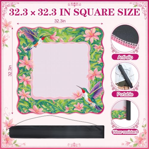 Junkin Pink Hummingbird Mahjong Mat 32.3"x32.3" Chinoiserie Mahjong Mat with Pink Scalloped Edge Carry Bag Non-Slip, Game Table Pad, for Card Board Tile Games Gifts for Women Mom - style: Pink Hummingbird