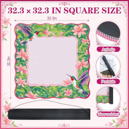Junkin Pink Hummingbird Mahjong Mat 32.3"x32.3" Chinoiserie Mahjong Mat with Pink Scalloped Edge Carry Bag Non-Slip, Game Table Pad, for Card Board Tile Games Gifts for Women Mom - style: Pink Hummingbird