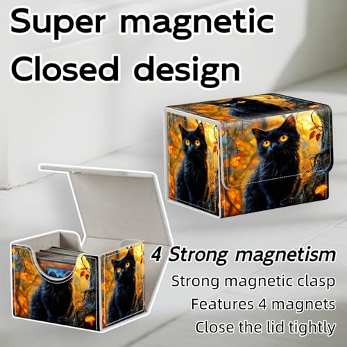 Trading Card Storage Box, Holds 100+ for MTG Cards, Premium PU Leather with Magnetic Closure, Black Cat In Autumn Tree Durable Deck Box for Magic the Gathering, Trading Card Games - color: Black Cat In Autumn Tree