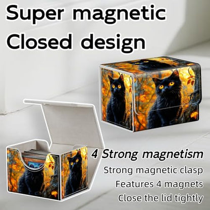 Trading Card Storage Box, Holds 100+ for MTG Cards, Premium PU Leather with Magnetic Closure, Black Cat In Autumn Tree Durable Deck Box for Magic the Gathering, Trading Card Games - color: Black Cat In Autumn Tree