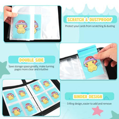 Premium Collectible Trading Card Albums，Card Binder Fits 400 Cards with 50 Removable Sleeves，Display Game Card Case book Holder, Green Themes - color: Grass Cartoon