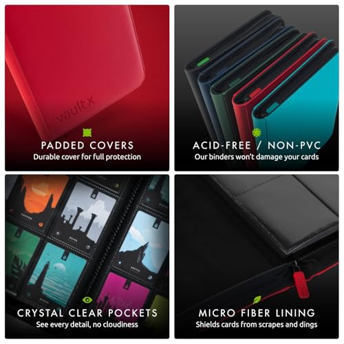 Vault X 4 Pocket Zip Trading Card Binder 160 Cards Exo-Tec (Red) | Holds 160 standard-size TCG cards in 20 side-loading 4-pocket pages. Padded, water-resistant Exo-Tec cover. - color: Red