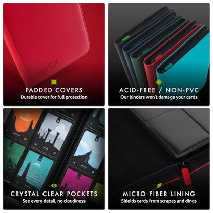 Vault X 4 Pocket Zip Trading Card Binder 160 Cards Exo-Tec (Red) | Holds 160 standard-size TCG cards in 20 side-loading 4-pocket pages. Padded, water-resistant Exo-Tec cover. - color: Red