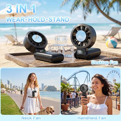 Pro Portable Handheld Fan with Ice Cooling, 5.5m/s High Speed Rechargeable Fan, Independent Switch, 135° Adjustable, 5-Speed, LED Display, Neck Personal for Travel Essentials, Concerts, Sports Events - color: Dark Black