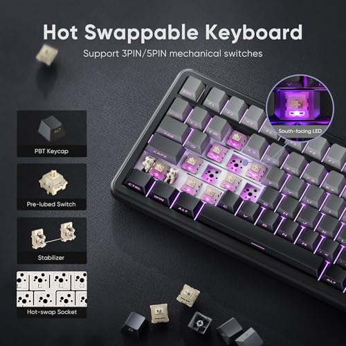 RedThunder K75 Wireless Mechanical Gaming Keyboard, 75% Hot Swappable Creamy Keyboard with Knob, RGB Backlit, Pre-lubed Linear Switches, Side Engraved PBT Keycaps, Wireless/Wired/BT5.0, Gradient Gray - color: Gradient Gray