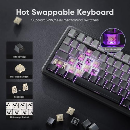 RedThunder K75 Wireless Mechanical Gaming Keyboard, 75% Hot Swappable Creamy Keyboard with Knob, RGB Backlit, Pre-lubed Linear Switches, Side Engraved PBT Keycaps, Wireless/Wired/BT5.0, Gradient Gray - color: Gradient Gray