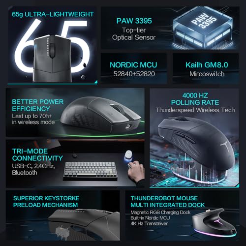 Thunderobot ML903 4K Souris Gamer Sans Fil avec Station de Charge RGB, Capteur Optique de 26 000 DPI,PAW3395,Longue Durée de Vie de la Batterie, Souris Ergonomique Sans Fil Pour PC, Mac - color: Black