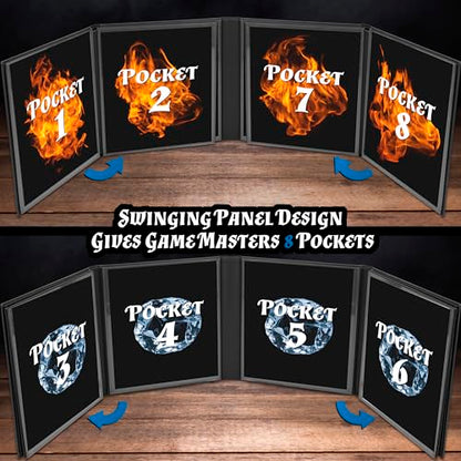 CASEMATIX DM Screen Faux Leather 8-Panel Deluxe GM Screen - Eight Panel Folding Game Master Screen with 2 Swinging Panels and Wet Erase Pockets for TTRPGs, Inserts Not Included, Black - color: Black