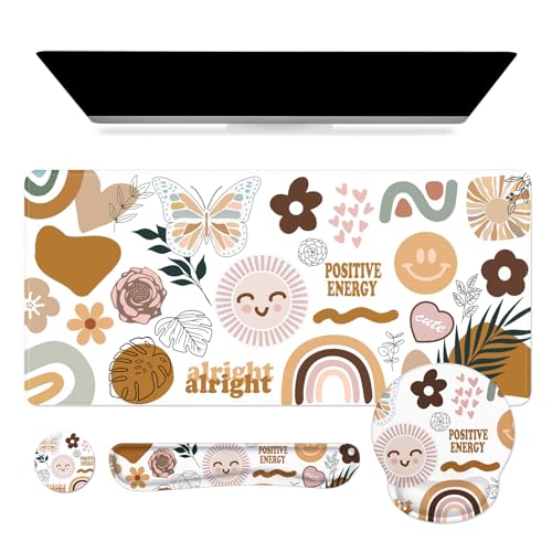 iCasso Sticker Keyboard Mat 35.4"x15.7", Desktop Mat for Workspace | Vintage Students Ergonomic Desk Pad with Keyboard Wrist Rest, Mousepad Set for Computer Study Office Workspace Area - color: Sticker