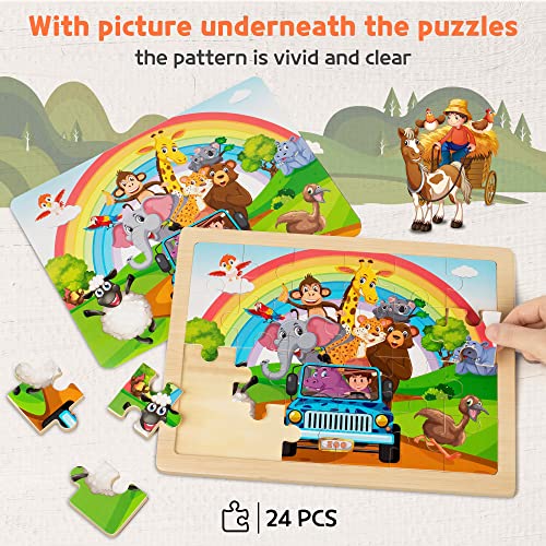 SYNARRY Large Animals Wooden Puzzles for Kids 4 in 1 Gift Box(12.2 * 9.4 in), Jigsaw Puzzles for Toddlers 3-5, Puzzles for Kids Ages 4-6, Easter Basket Stuffers Gifts Toys for Kids - style: Animals