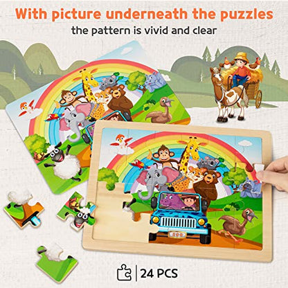 SYNARRY Large Animals Wooden Puzzles for Kids 4 in 1 Gift Box(12.2 * 9.4 in), Jigsaw Puzzles for Toddlers 3-5, Puzzles for Kids Ages 4-6, Easter Basket Stuffers Gifts Toys for Kids - style: Animals