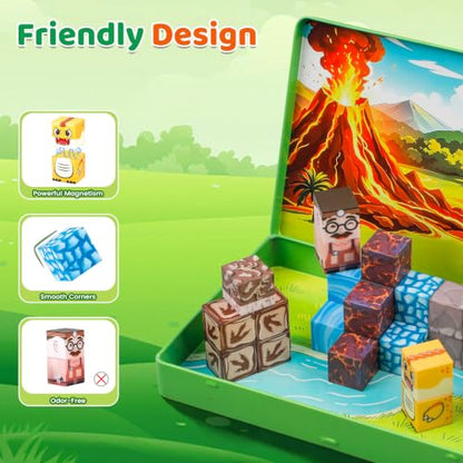 DQMOON Magnetic Blocks Travel Set with Magnetic Case - 52 PCS Magnetic Building Blocks Cubes Dinosaur Toys for Kids 3-5 4-8 Girls Boys Kids Toys, STEM Sensory Toddler Birthday