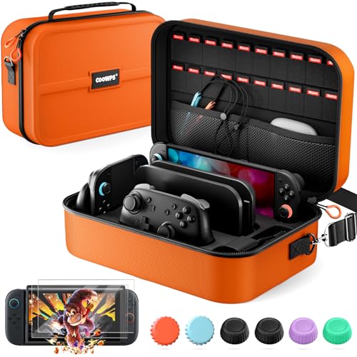 COOWPS Switch 2 Case Bundle for Nintendo Switch 2, with 2-Pack Screen Protector, 6Pcs Thumb Grips, 20 Game Card Slots, Portable Travel Full Protection All In One Storage Case for Switch 2 Accessories - color: Orange