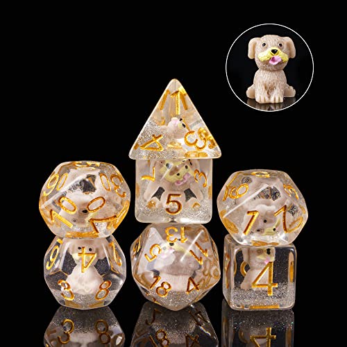 Cusdie 7-Die DND Dice, Polyhedral Dice Set Filled with Animal, for Role Playing Game D&D Dice (Gray Dog) - color: Dog Grey.