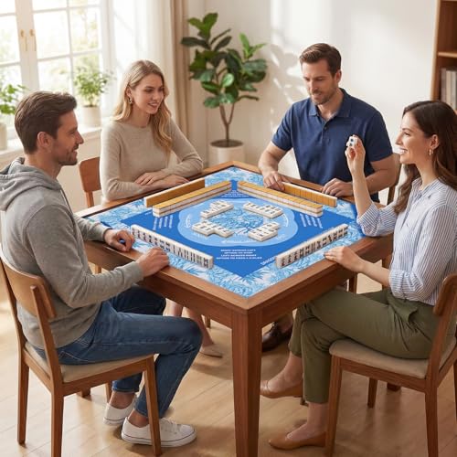 Elstey Mahjong Mat, Non-Slip Neoprene Mahjong Table Cover with Game Rules & Carrying Bag, Noise Reduction Square Board Game Mat for Poker, Dominoes, Tile Games, 32.2x32.2 Inch, (Chinoiserie Style) - color: Light Blue