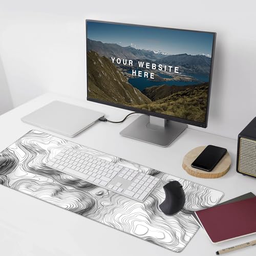 White Topographic Mouse Pad, XXL Extended Gaming Desk Mat, Non-Slip Rubber Base, Stitched Edges, 35.4" x 15.7" - color: White Topographic